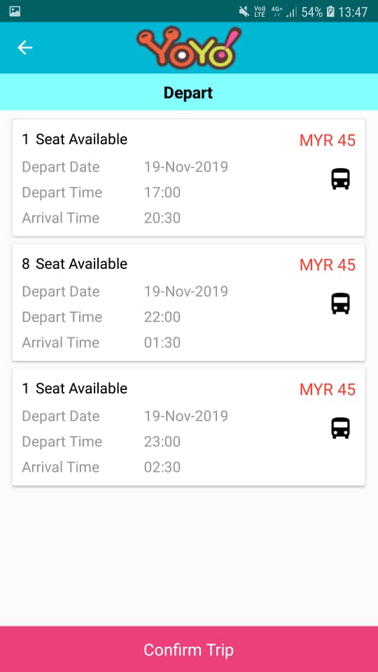 Yoyo Mobile App Depart Time